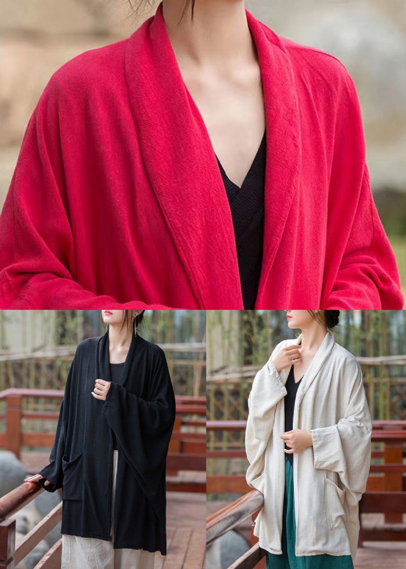 Rød Patchwork Bomuld Cardigans Standkrave Lange Ærmer - Dame cardigans