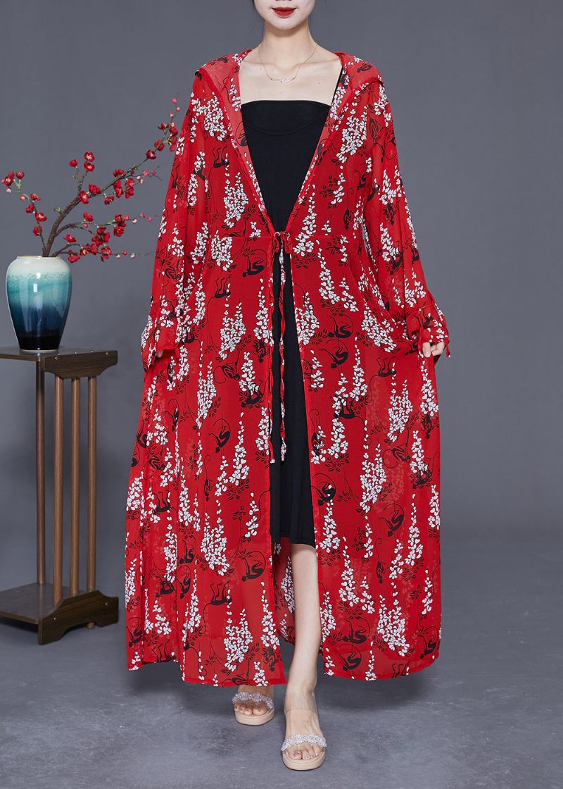 Rød Print Chiffon Lang Cardigan Hætte Slips Talje Sommer