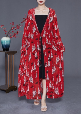 Rød Print Chiffon Lang Cardigan Hætte Slips Talje Sommer