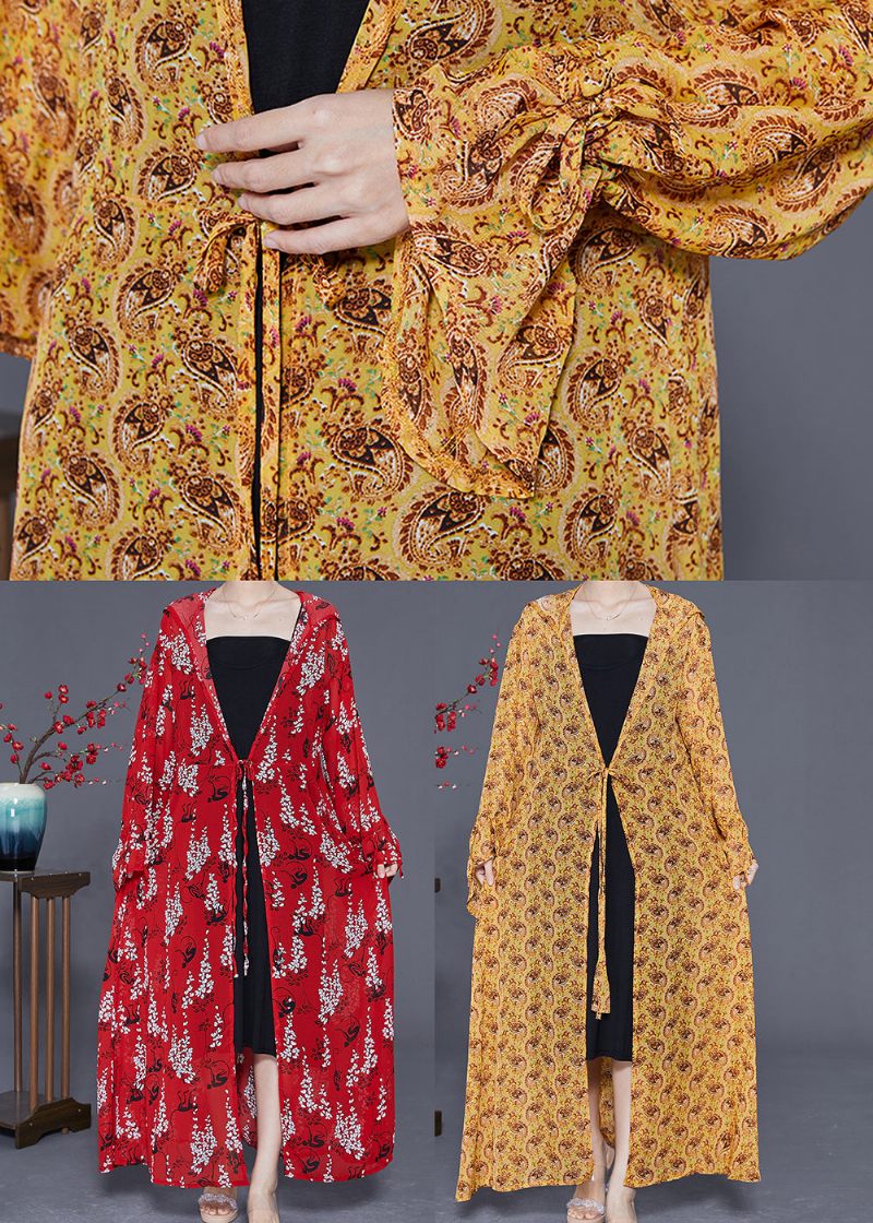 Rød Print Chiffon Lang Cardigan Hætte Slips Talje Sommer - Dame cardigans