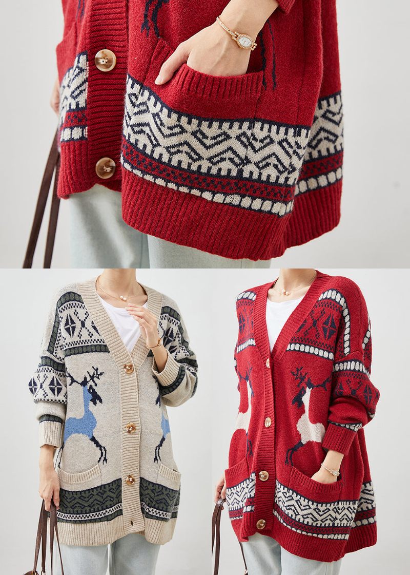 Rød Print Strik Cardigans V-hals Lommer Vinter - Dame cardigans