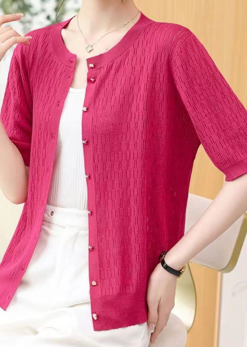 Rose Patchwork Tynd Strik Cardigan O-hals Hul Ud Sommer