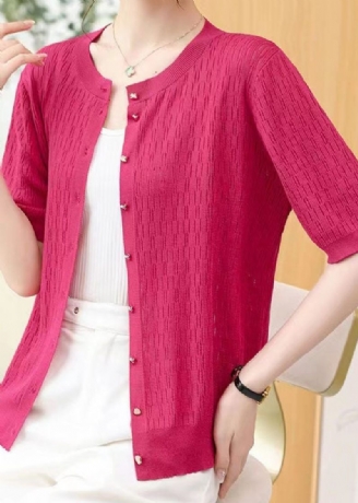 Rose Patchwork Tynd Strik Cardigan O-hals Hul Ud Sommer