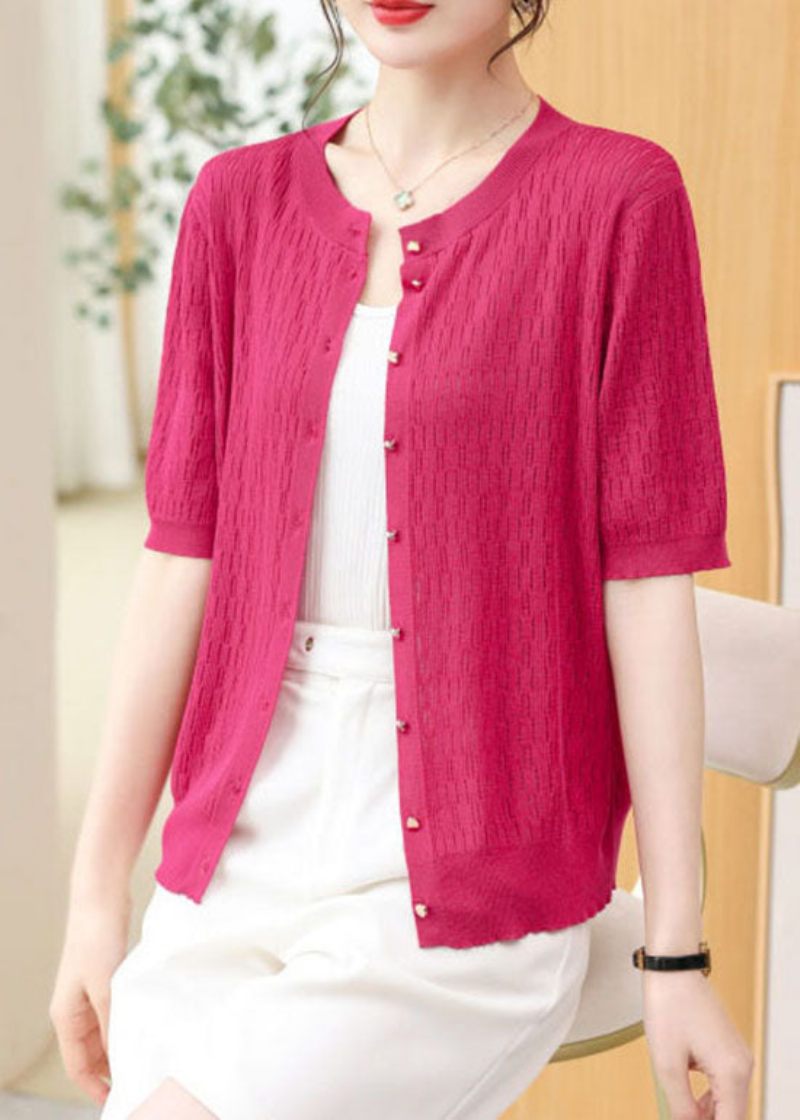 Rose Patchwork Tynd Strik Cardigan O-hals Hul Ud Sommer - Dame cardigans