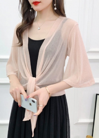 Sexet Pink Bright Silk Lace Up Tulle Cardigan Summer