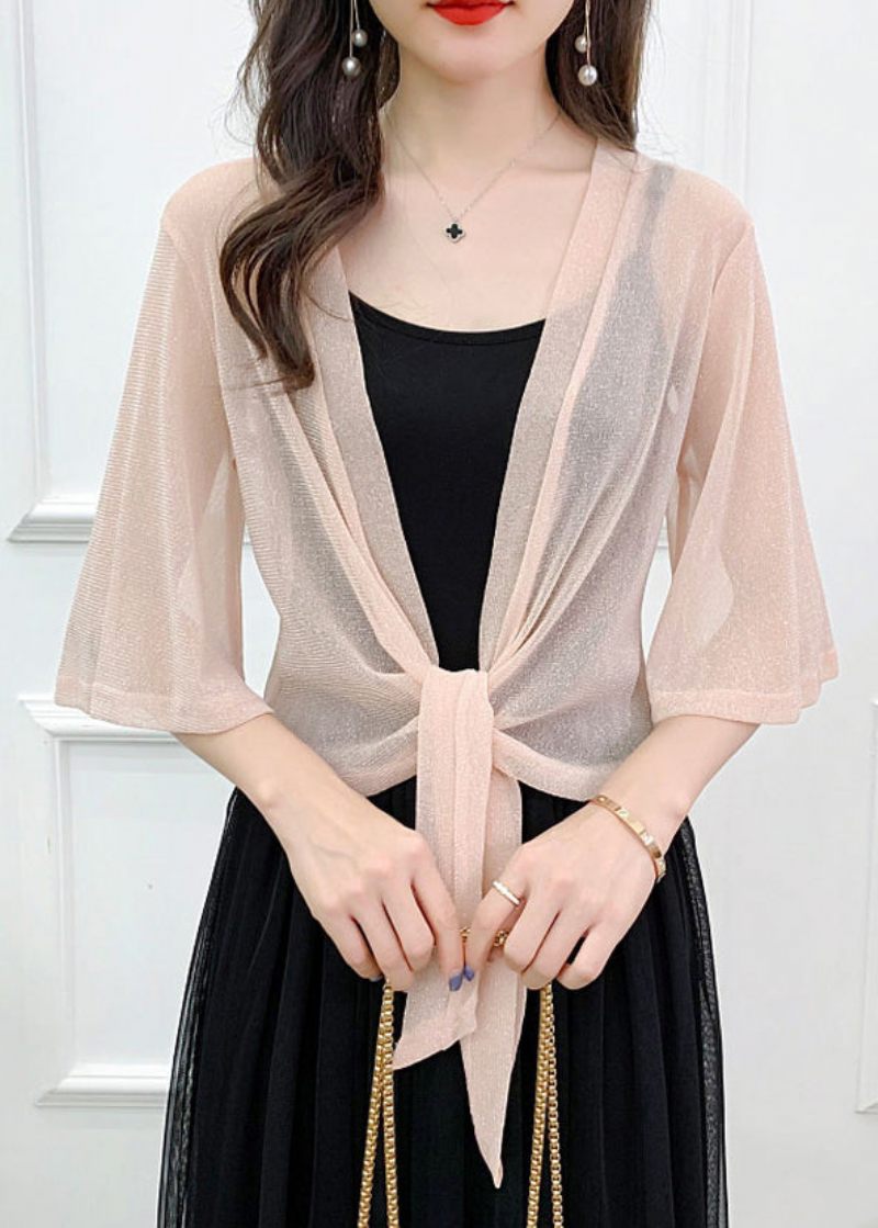 Sexet Pink Bright Silk Lace Up Tulle Cardigan Summer - Dame cardigans