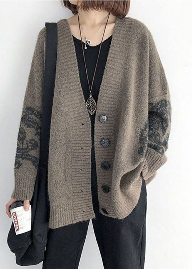 Simpel Khaki V-hals Print Strik Løs Cardigan Spring - Dame cardigans