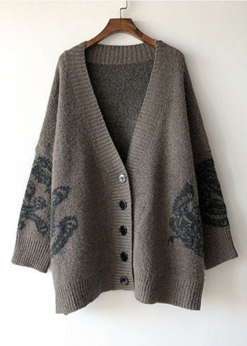 Simpel Khaki V-hals Print Strik Løs Cardigan Spring - Dame cardigans