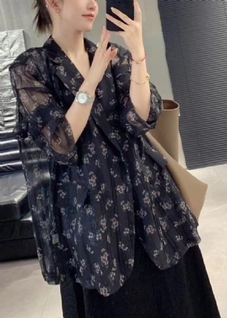 Simple Black Oversized Print Chiffon Upf 50+ Frakke Jakke Spring