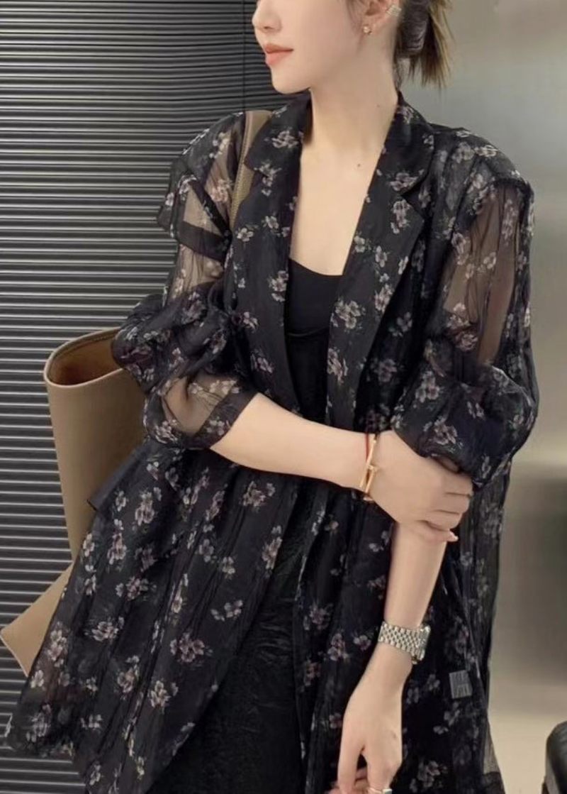 Simple Black Oversized Print Chiffon Upf 50+ Frakke Jakke Spring - Dame cardigans