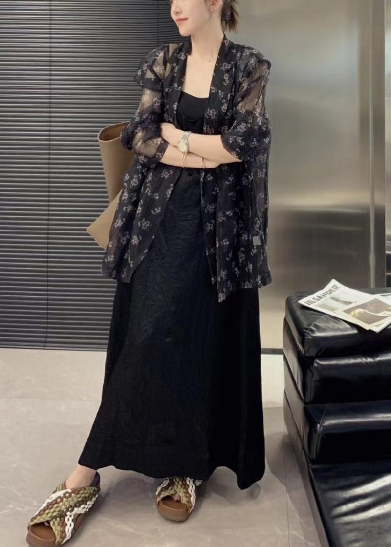 Simple Black Oversized Print Chiffon Upf 50+ Frakke Jakke Spring - Dame cardigans