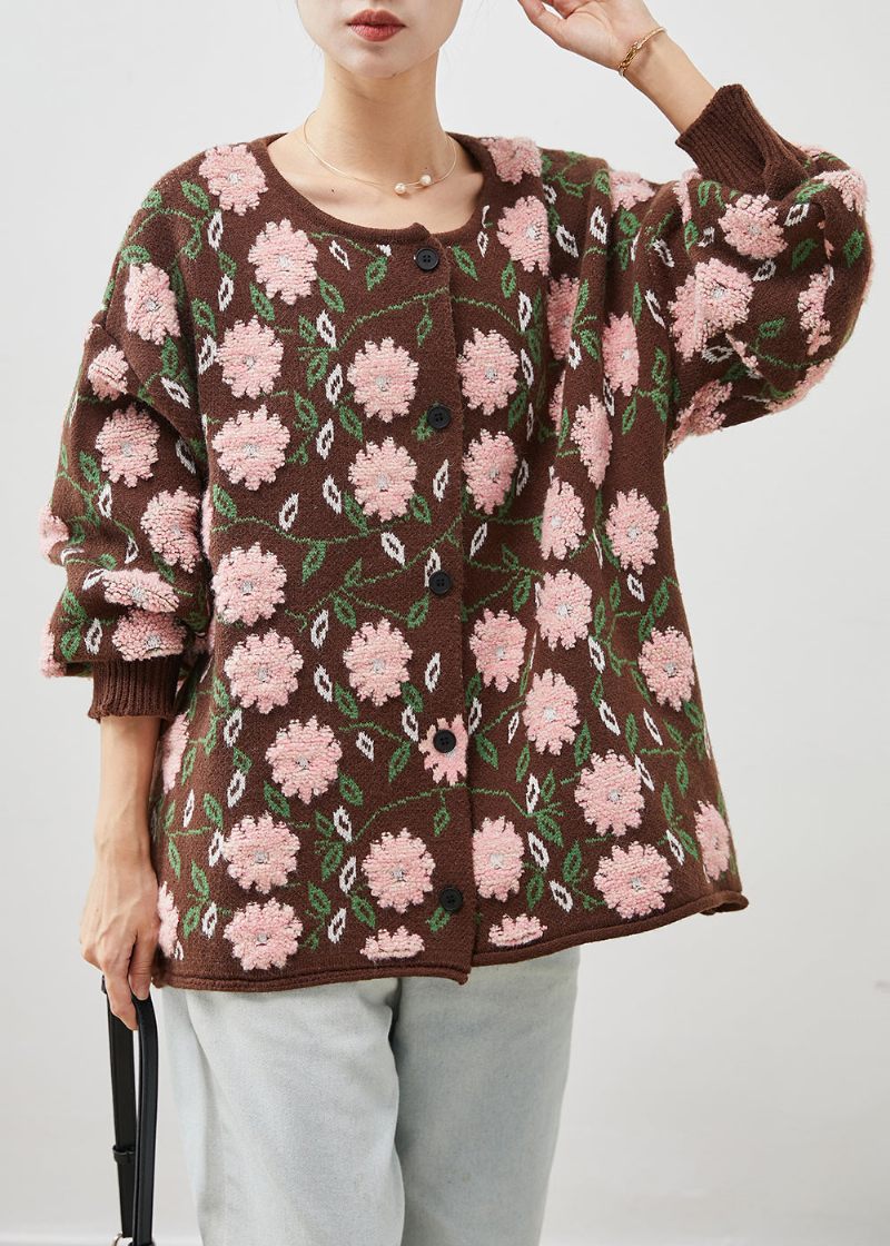 Simple Coffee Oversized Floral Jacquard Knit Cardigan Winter - Dame cardigans