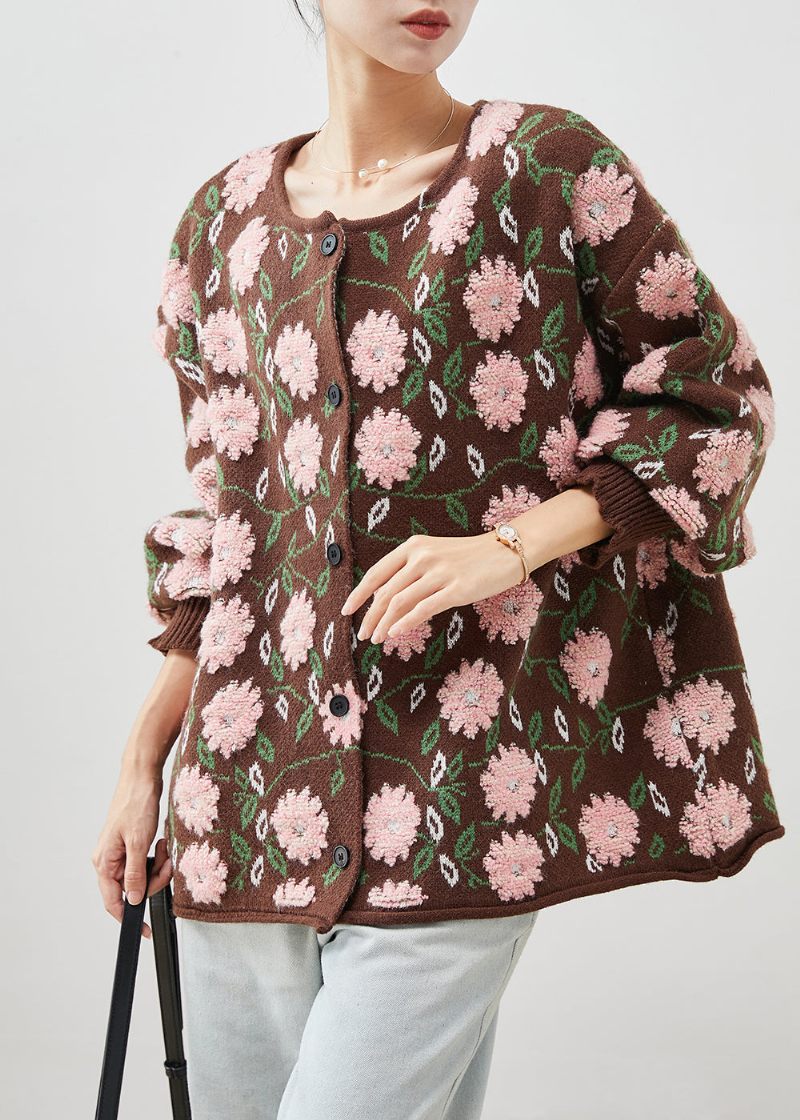 Simple Coffee Oversized Floral Jacquard Knit Cardigan Winter - Dame cardigans