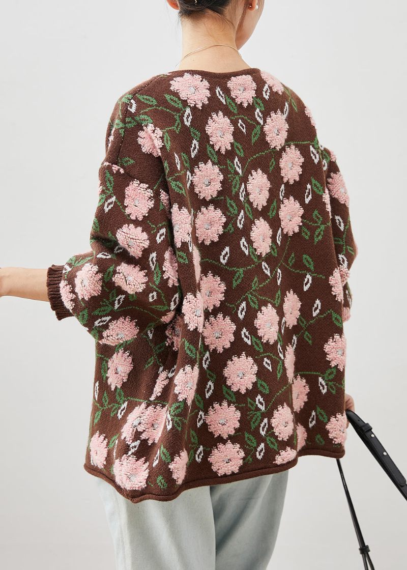 Simple Coffee Oversized Floral Jacquard Knit Cardigan Winter - Dame cardigans