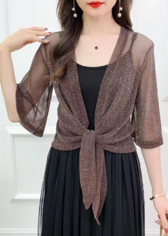 Simple Coffee Solid Bright Silk Tulle Cardigan Summer