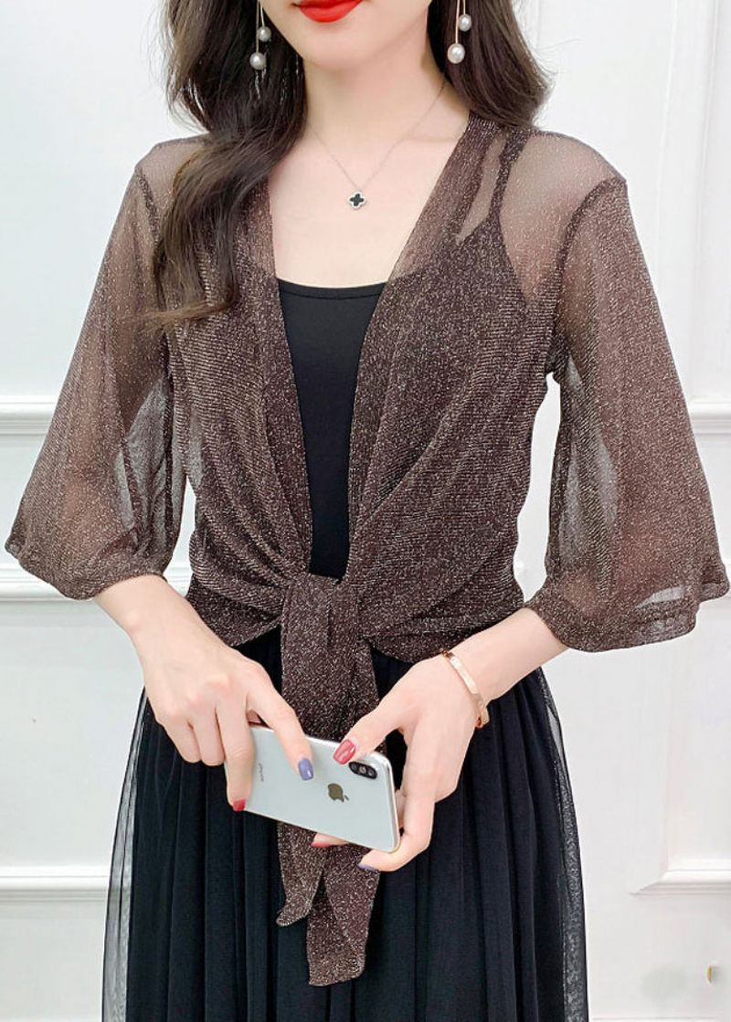 Simple Coffee Solid Bright Silk Tulle Cardigan Summer - Dame cardigans