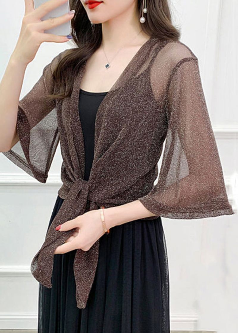 Simple Coffee Solid Bright Silk Tulle Cardigan Summer - Dame cardigans