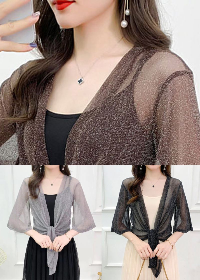 Simple Coffee Solid Bright Silk Tulle Cardigan Summer - Dame cardigans