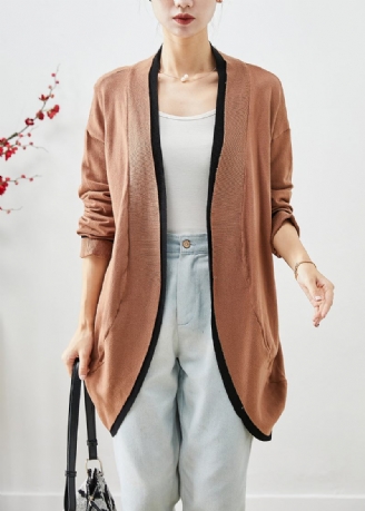 Simple Khaki Oversized Patchwork Strik Cardigans Efterår