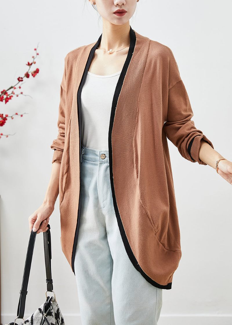 Simple Khaki Oversized Patchwork Strik Cardigans Efterår - Dame cardigans