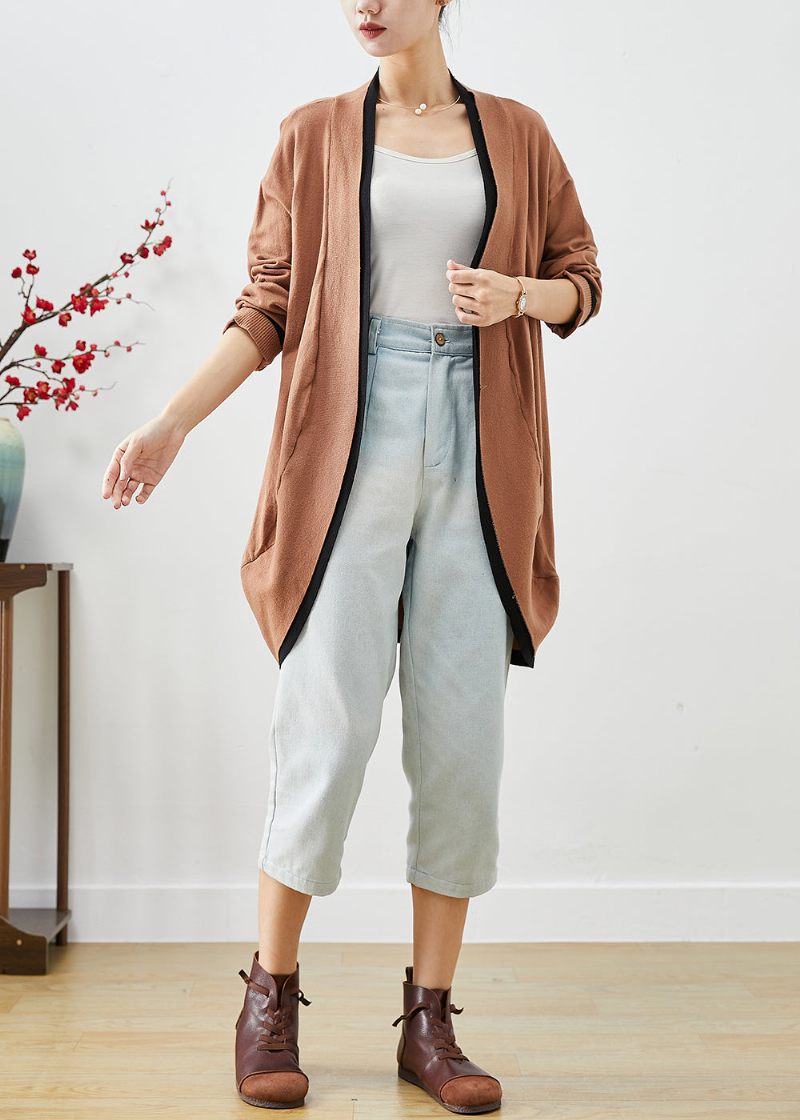 Simple Khaki Oversized Patchwork Strik Cardigans Efterår - Dame cardigans