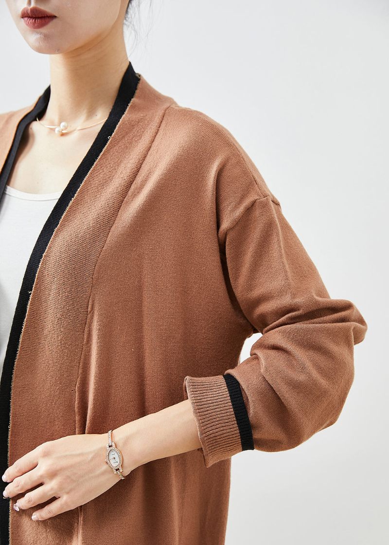 Simple Khaki Oversized Patchwork Strik Cardigans Efterår - Dame cardigans