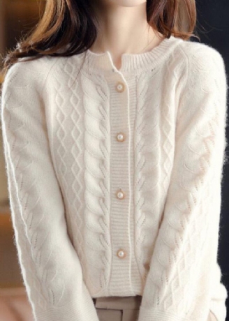 Smuk Beige O-hals Perle Knap Uld Strik Cardigan Vinter