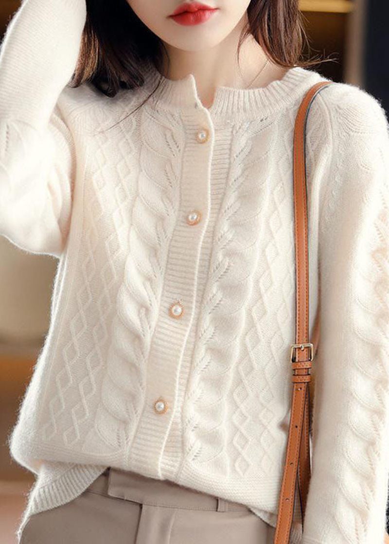 Smuk Beige O-hals Perle Knap Uld Strik Cardigan Vinter - Dame cardigans