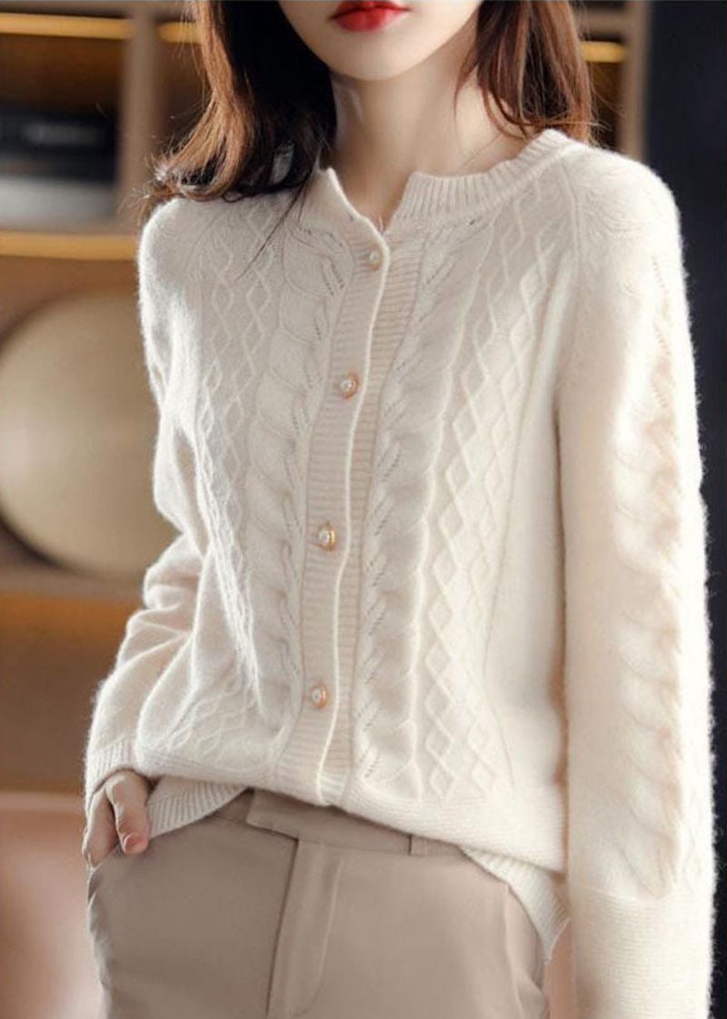 Smuk Beige O-hals Perle Knap Uld Strik Cardigan Vinter - Dame cardigans