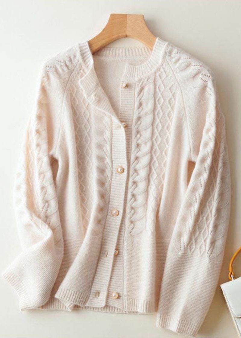 Smuk Beige O-hals Perle Knap Uld Strik Cardigan Vinter - Dame cardigans