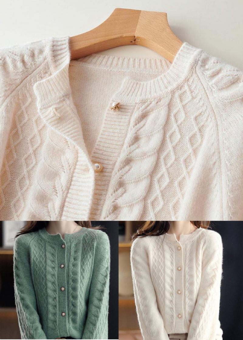 Smuk Beige O-hals Perle Knap Uld Strik Cardigan Vinter - Dame cardigans