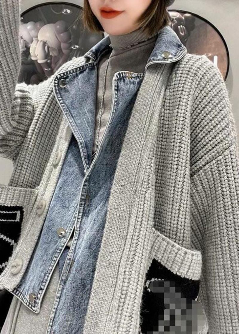 Smuk Grå Denim Patchwork Lommer Knap Efterår Sweater Frakke - Grå