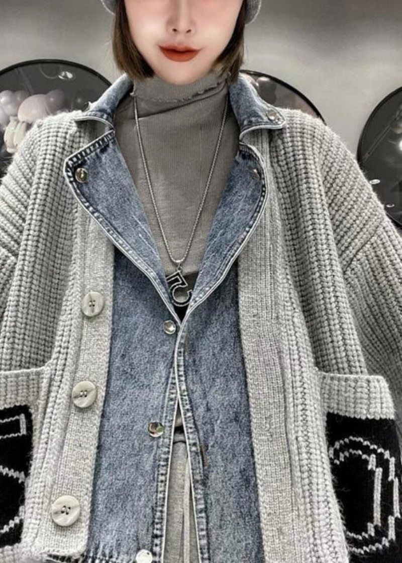 Smuk Grå Denim Patchwork Lommer Knap Efterår Sweater Frakke - Grå