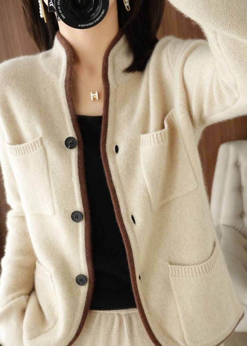 Smukke Beige Stand Kravelommer Tykke Strik Løs Cardigan Vinter - Dame cardigans