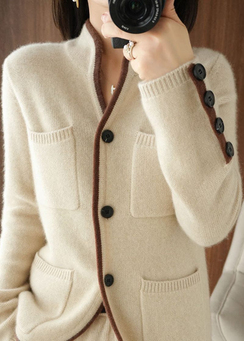 Smukke Beige Stand Kravelommer Tykke Strik Løs Cardigan Vinter - Dame cardigans