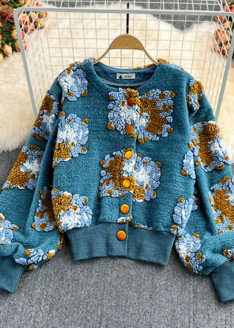 Smukke Blå O-hals Fluffy Floral Button Strik Trøjer Forår