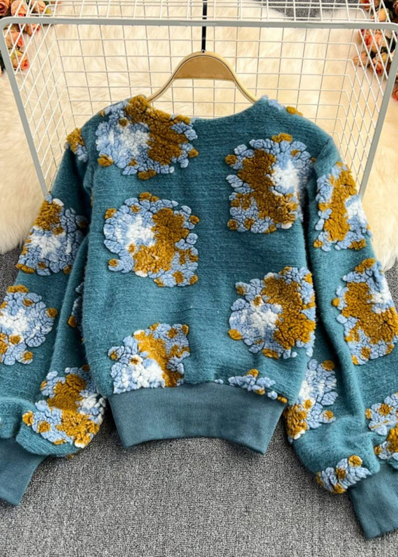 Smukke Blå O-hals Fluffy Floral Button Strik Trøjer Forår - Dame cardigans