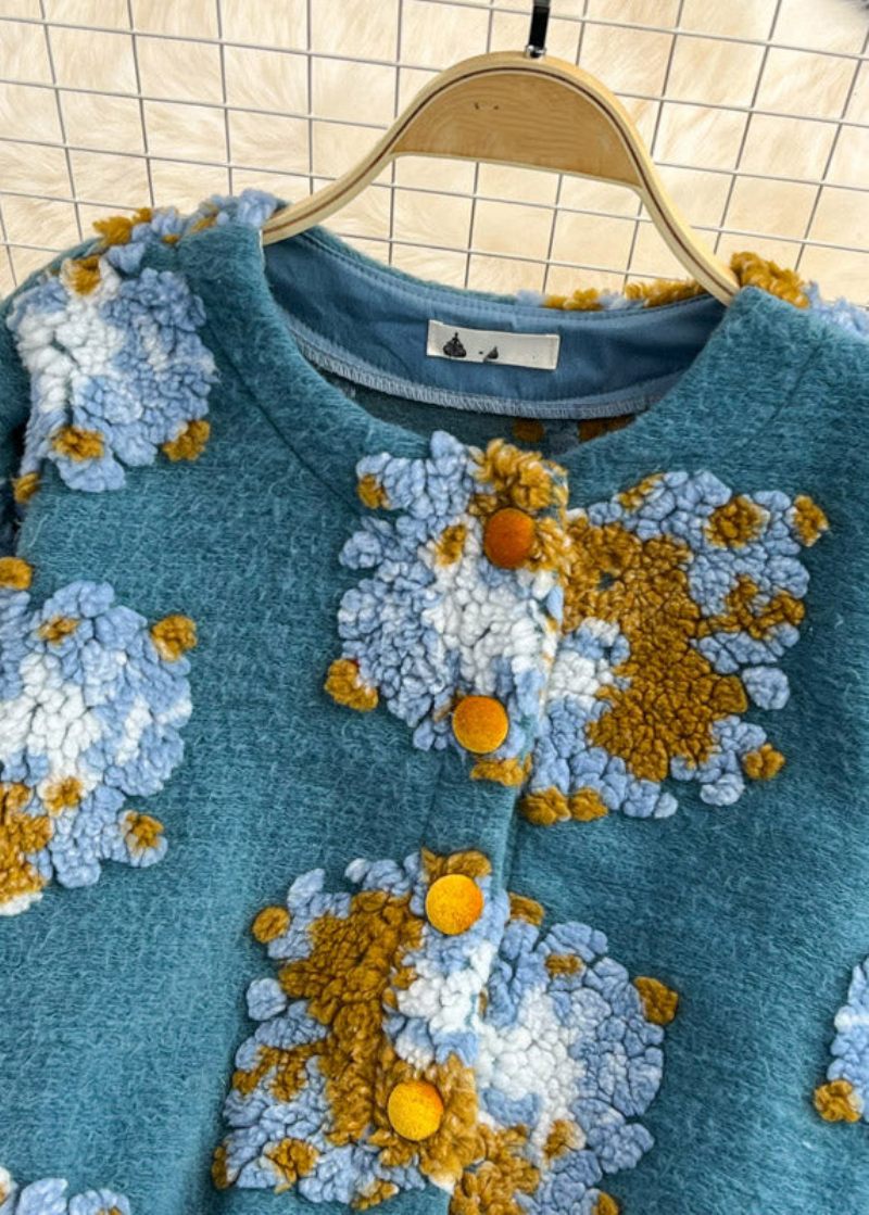 Smukke Blå O-hals Fluffy Floral Button Strik Trøjer Forår - Dame cardigans