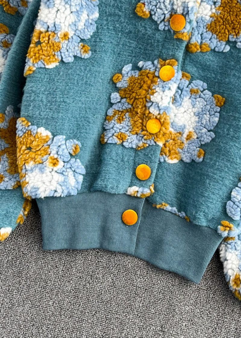 Smukke Blå O-hals Fluffy Floral Button Strik Trøjer Forår - Dame cardigans