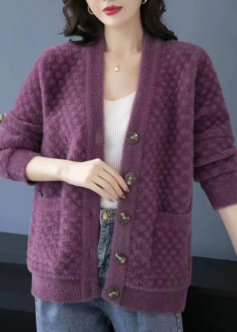 Smukke Lilla V-halslommer Patchwork Mink Hår Strikkede Frakker Efterår - Dame cardigans