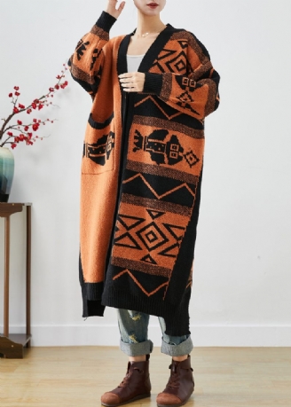 Smukke Orange Oversized Print Strik Cardigans Efterår