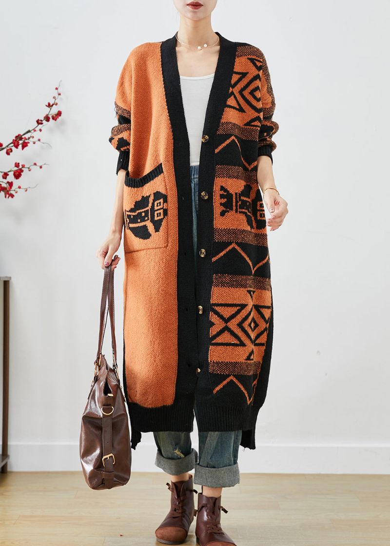 Smukke Orange Oversized Print Strik Cardigans Efterår - Dame cardigans