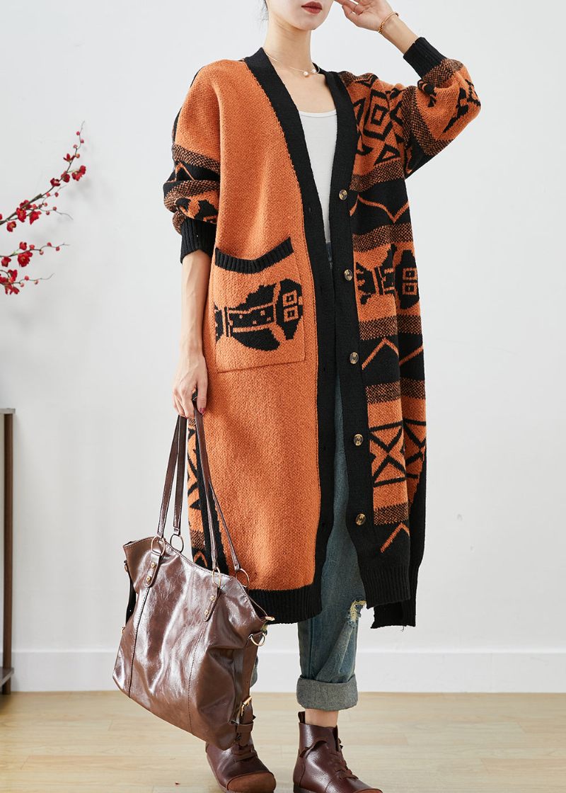 Smukke Orange Oversized Print Strik Cardigans Efterår - Dame cardigans