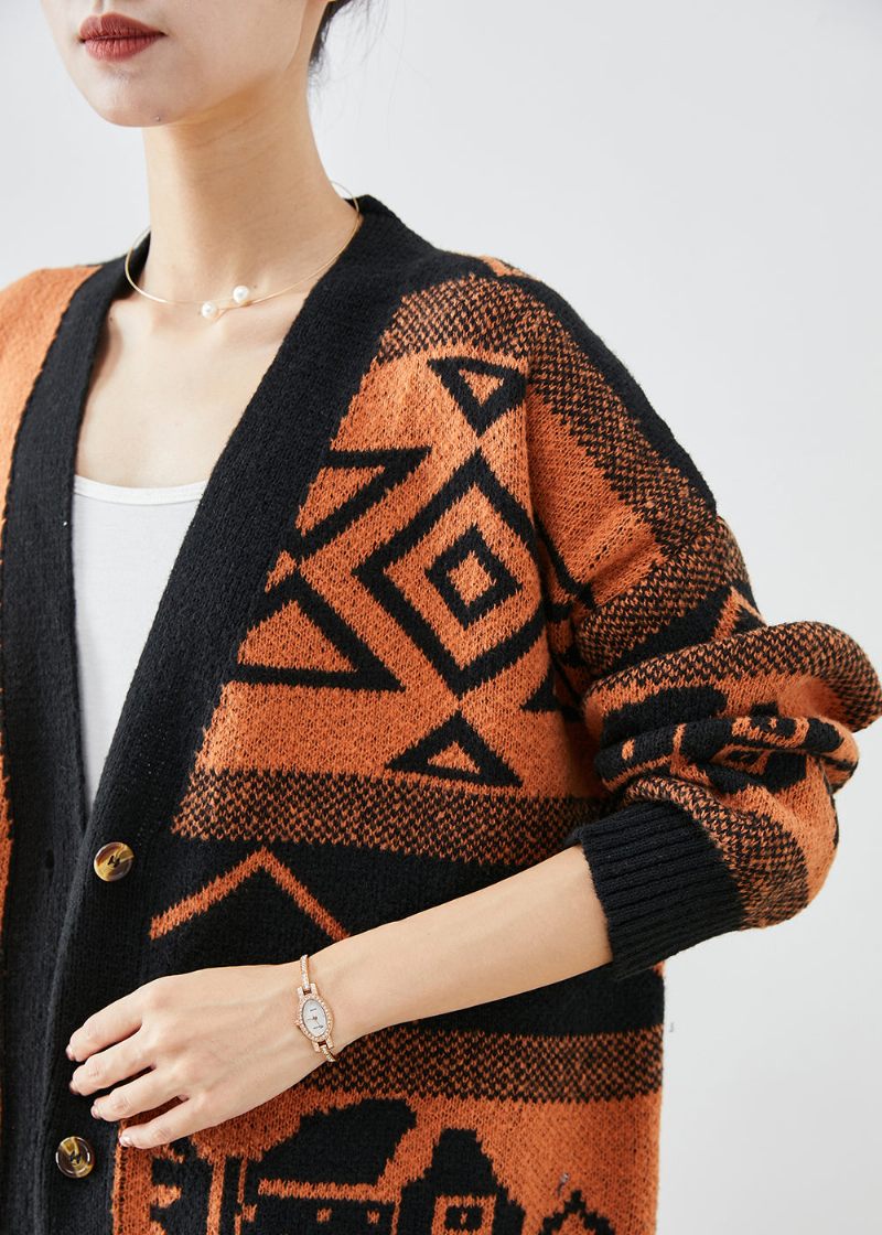 Smukke Orange Oversized Print Strik Cardigans Efterår - Dame cardigans