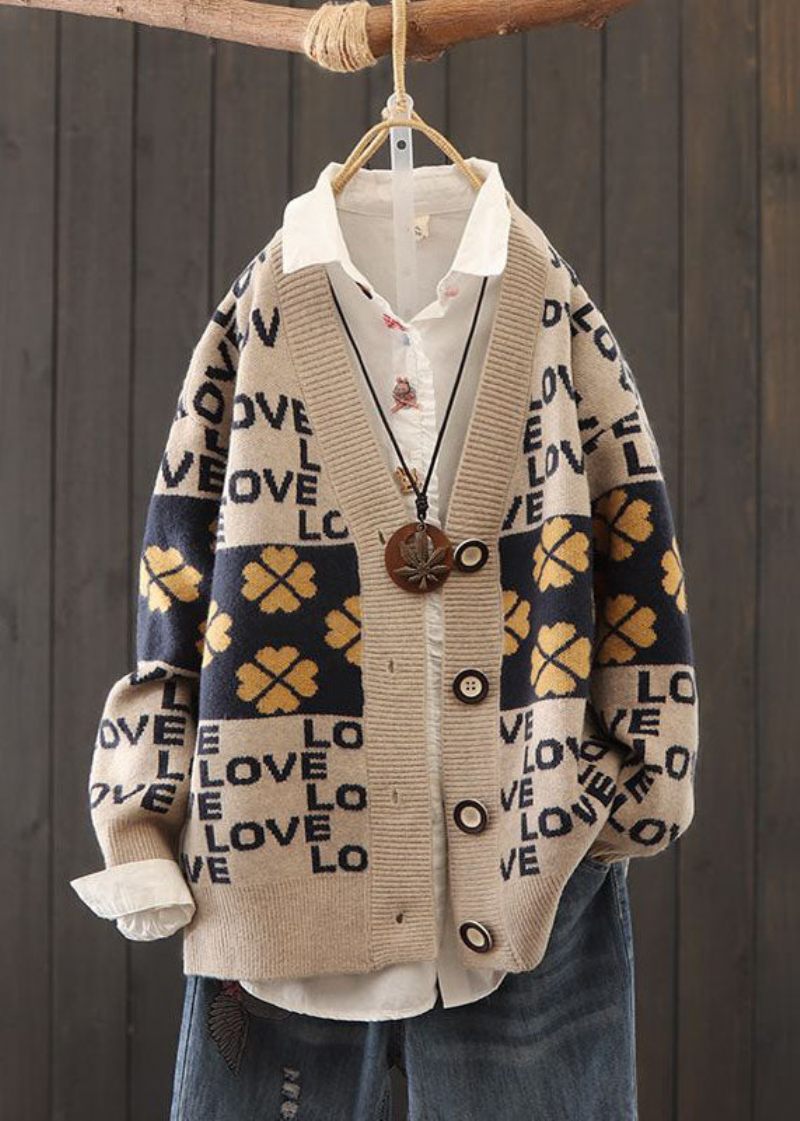 Smukke Røde Overdimensionerede Patchwork Brevprint Strik Cardigans Vinter - Dame cardigans