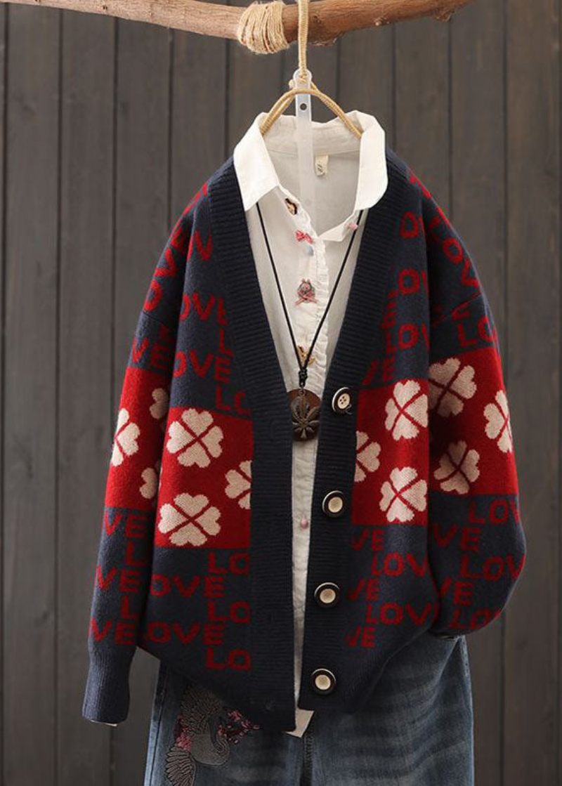 Smukke Røde Overdimensionerede Patchwork Brevprint Strik Cardigans Vinter - Dame cardigans