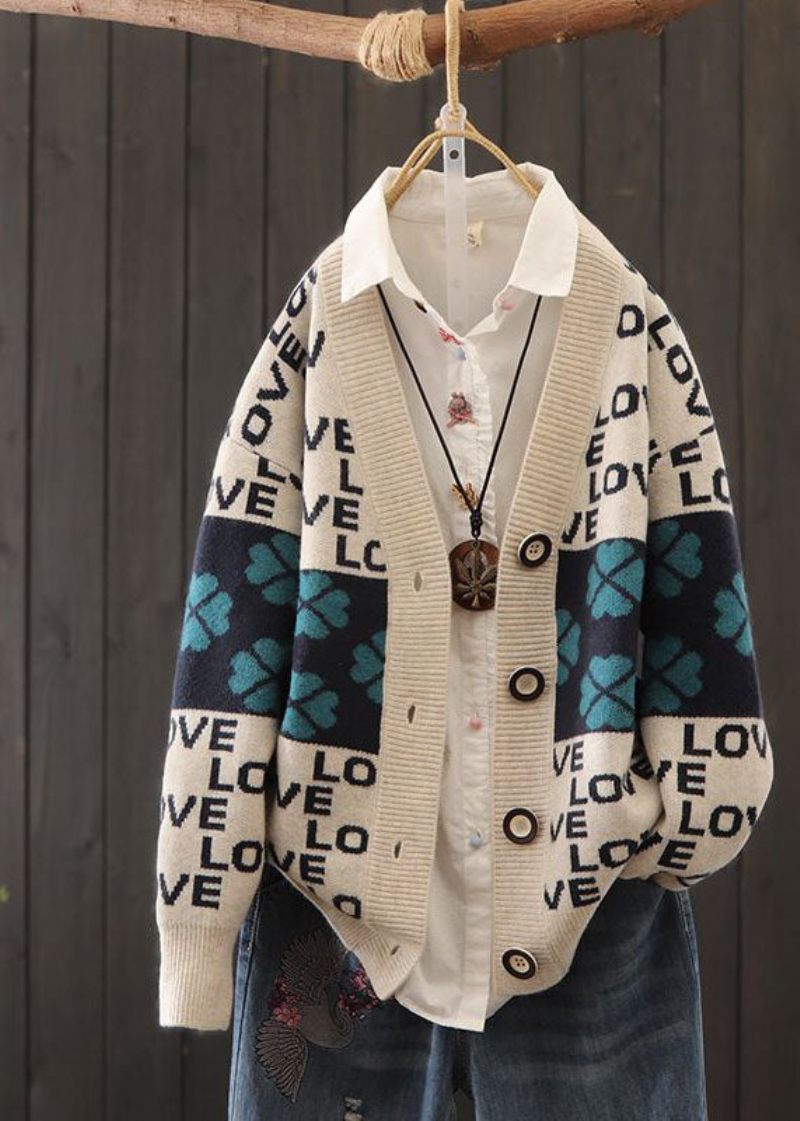 Smukke Røde Overdimensionerede Patchwork Brevprint Strik Cardigans Vinter - Dame cardigans