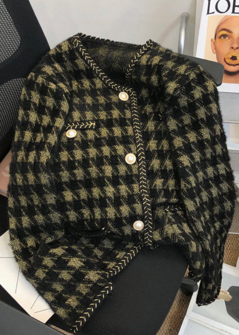 Sort Plaid Lommer Patchwork Mink Hår Strikket Frakke Kvinder Efterår