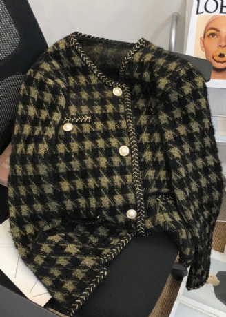 Sort Plaid Lommer Patchwork Mink Hår Strikket Frakke Kvinder Efterår