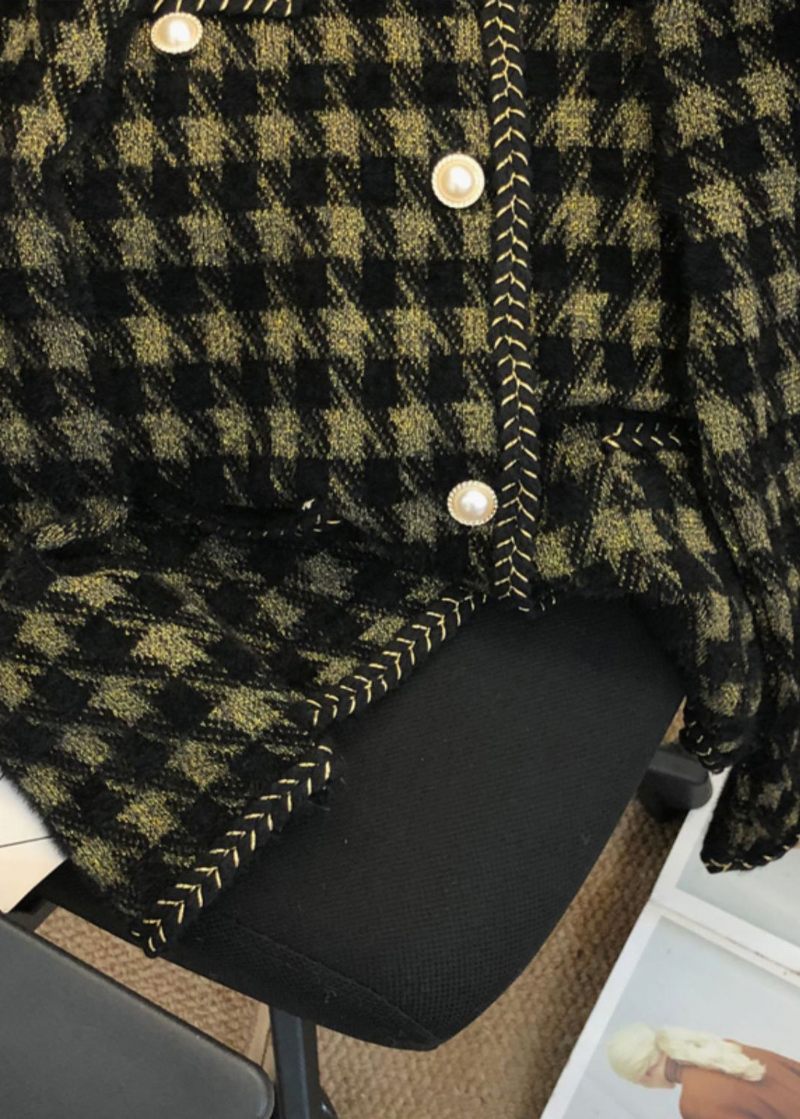 Sort Plaid Lommer Patchwork Mink Hår Strikket Frakke Kvinder Efterår - Dame cardigans